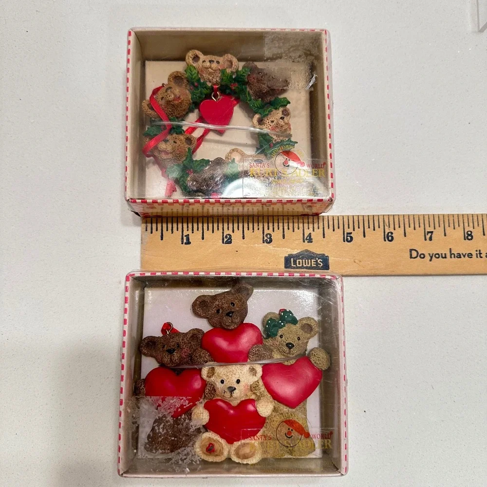 Kurt S Adler Holly Bearies Teddy Bear Christmas Ornaments Set of 2 Hearts Wreath